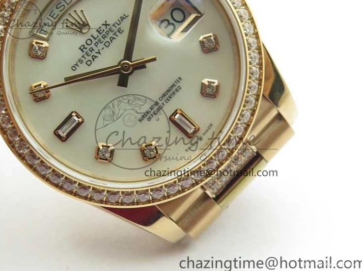 AAA Replica Watches on President A 2689 BP White ComfortFit Crystal Crystal Marker MOP RG Best Edition 128235 Dial Day-Date Bracelet RG 36mm 1218